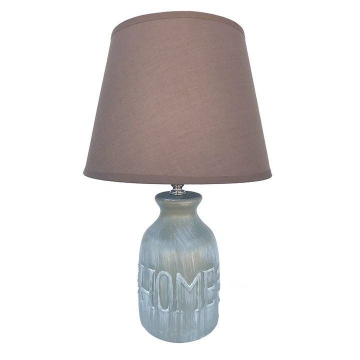 Veioza din ceramica cu abajur din panza si scris "Home", gri, 23x36 cm