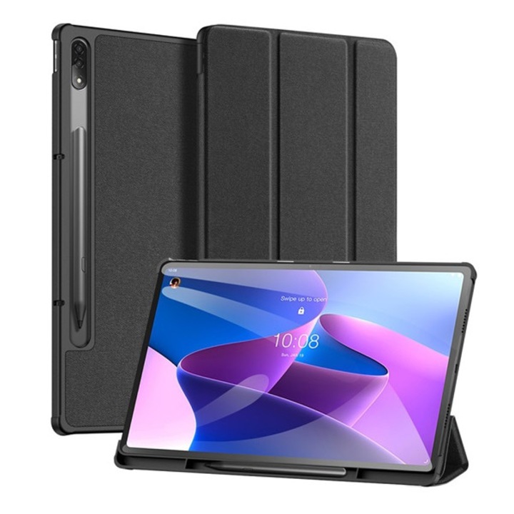Tablet tok, kompatibilis, Lenovo Tab P12 Pro (TB-Q706F) Dux ducis domo tok álló, bőr hatású (aktív, oldalra nyíló, trifold, asztali tartó, ceruza tartó, textil minta) fekete, gyártói csomagolás