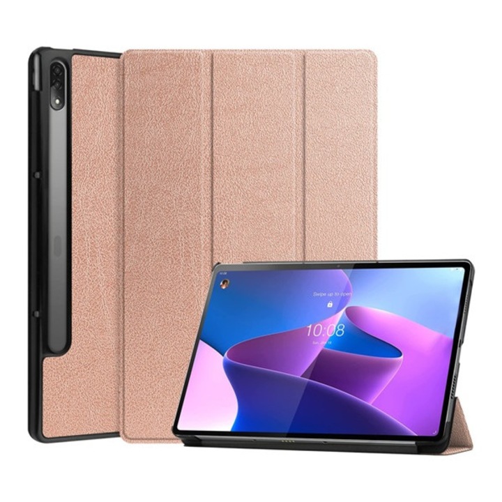 Gigapack tabletvédő álló, bőr hatású, aktív flip, oldalra nyíló, trifold, asztali tartó, ceruza tartó, rozéarany, kompatibilis: Lenovo Tab P12 Pro, TB-Q706F