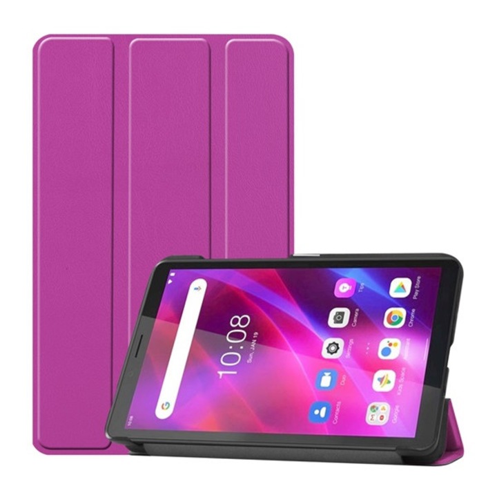 Tablet tok, kompatibilis, Lenovo Tab M7 (TB-7305F) Gen2 / Tab M7 (TB-7306F) Gen3 Gigapack tok álló, bőr hatású (flip, oldalra nyíló, trifold, asztali tartó) lila, gigapack csomagolás
