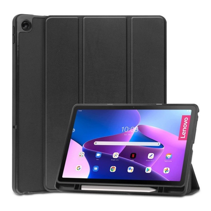 Tablet tok, kompatibilis, Lenovo Tab M10 Plus (TB125) WIFI / Tab M10 Plus (TB128) LTE Gigapack tok álló, bőr hatású (aktív flip, oldalra nyíló, trifold, asztali tartó, ceruza tartó) fekete, gigapack csomagolás
