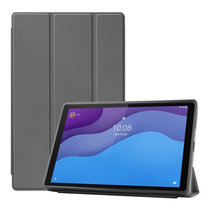 Tablet tok, kompatibilis, Lenovo Tab M10 HD (TB-X306F) Gigapack tok álló, bőr hatású (aktív flip, oldalra nyíló, trifold, asztali tartó) sötétszürke, gigapack csomagolás