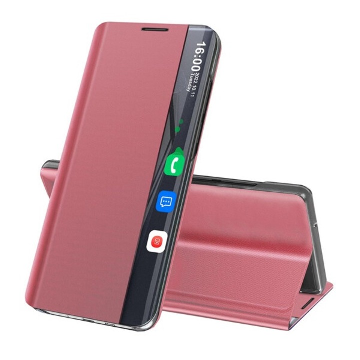 Gigapack mobiltelefon tok álló, textil hatású, aktív flip, oldalra nyíló, asztali tartó, smart view cover, rózsaszín, kompatibilis: Samsung Galaxy M51, SM-M515F