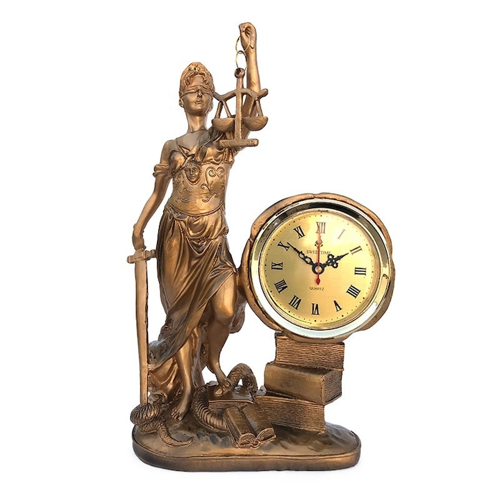 Decoratiune din rasina reprezentand Zeita Justitiei cu ceas din plastic, 21x31 cm