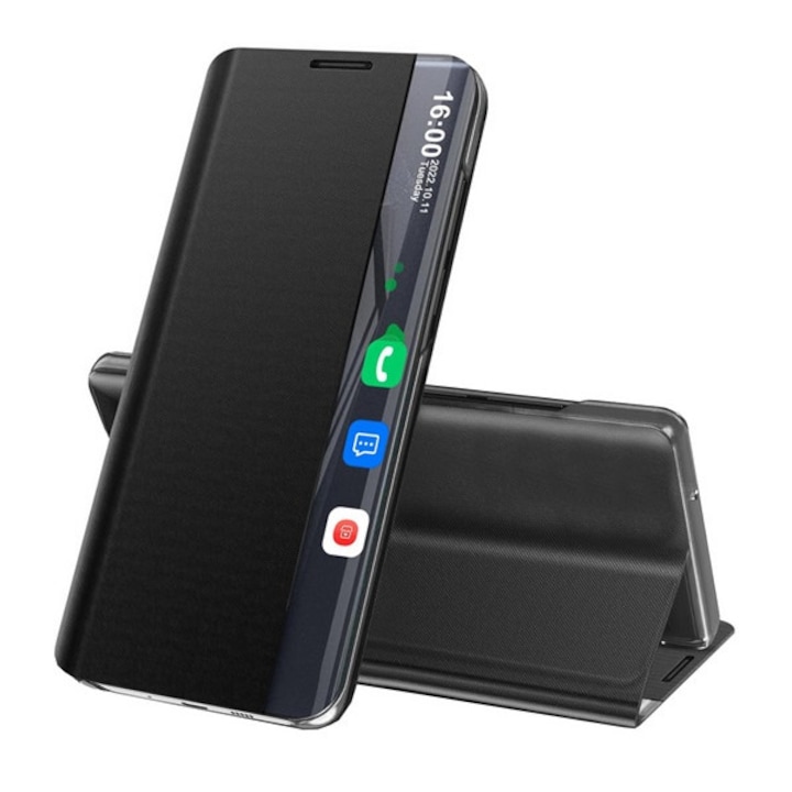 Gigapack mobiltelefon tok álló, textil hatású, aktív flip, oldalra nyíló, asztali tartó, smart view cover, fekete, kompatibilis: Xiaomi Redmi Note 9T 5G