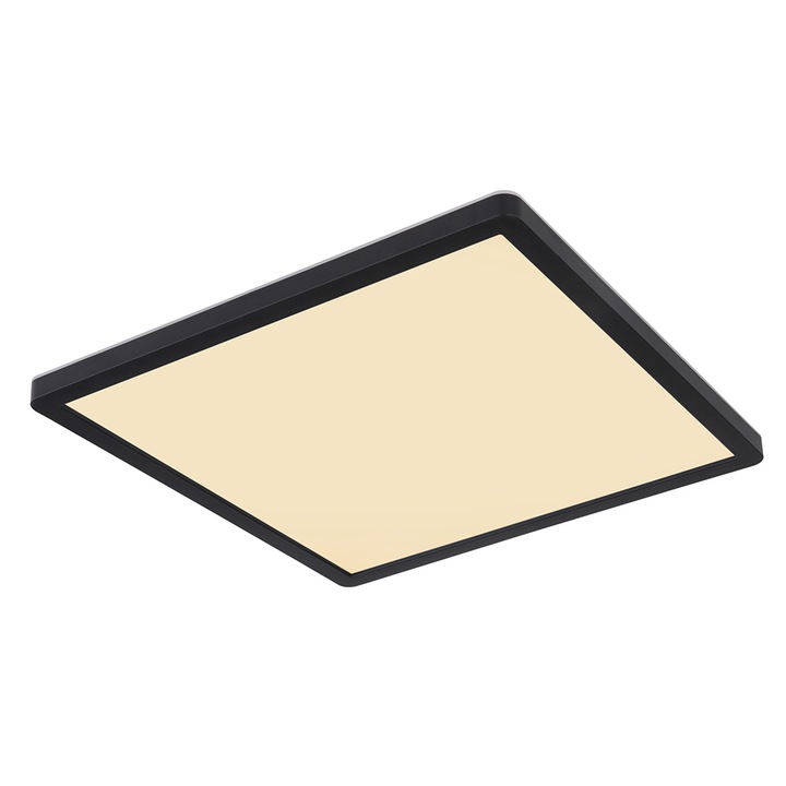 Plafoniera plastic negru, plastic mat/alb, negru, iluminare din spate, 3 niveluri de iluminare folosind un comutator de perete (100-50-10%), functie memorie, IP44, LxLxH: 420x420x25mm, inclusiv LED 24W 230V, sursa 2700lm, iesire 2300lm, 3000K