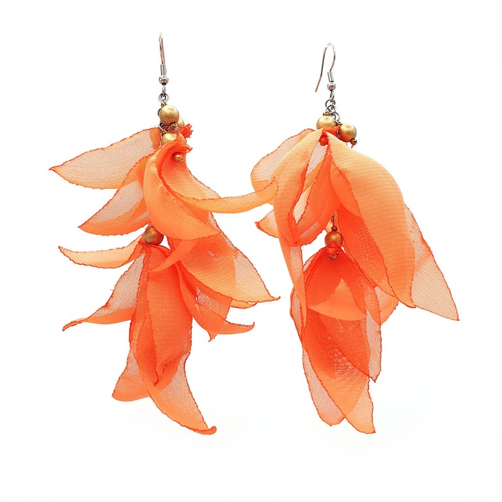 Cercei lungi voluminosi, Zia Fashion, Miruna, voal, inox, portocalii, handmade