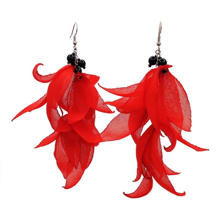 Hosszú terjedelmes fülbevaló, Zia Fashion, Ana, fátyol, rozsdamentes acél, piros, kézzel készített