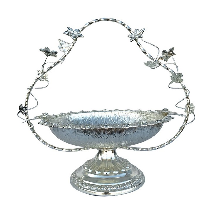Fructiera din metal cu toarta si flori, argintiu, 33x33 cm