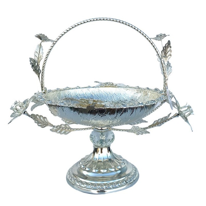 Fructiera din metal cu toarta si flori, M1, 33x33 cm
