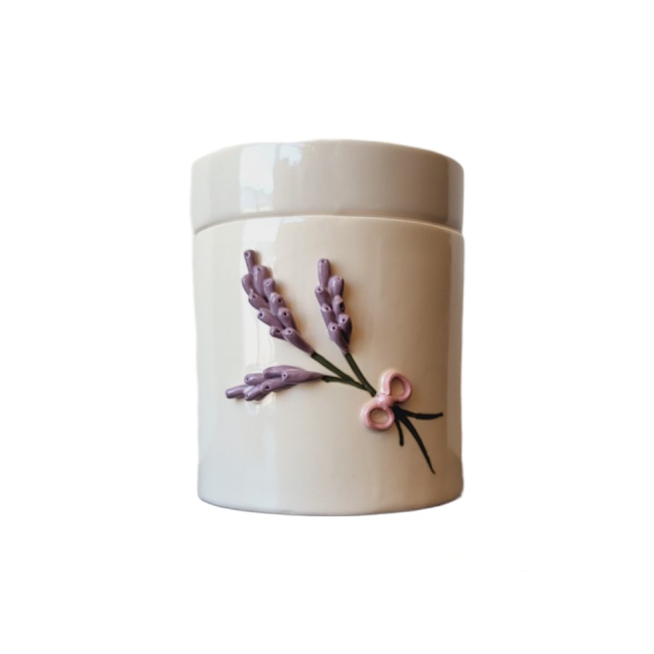 Cutie Diveli, motiv lavanda, ceramica, inaltimea 16 cm, diametru 14 cm