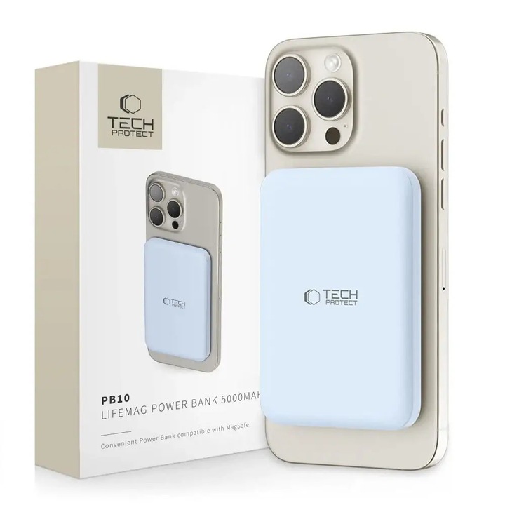 Baterie externa magnetica TECH-PROTECT LifeMag PB10 5000 mAh, compatibila MagSafe, 15W, Cablu USB-C, Albastru