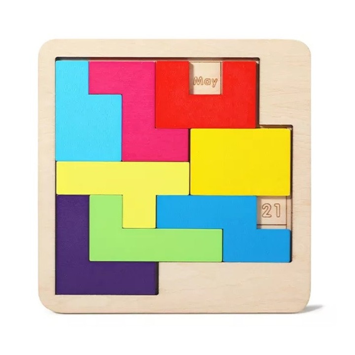 Дървена играчка Bambino Тетрис и Календар, 2в1, многоцветна