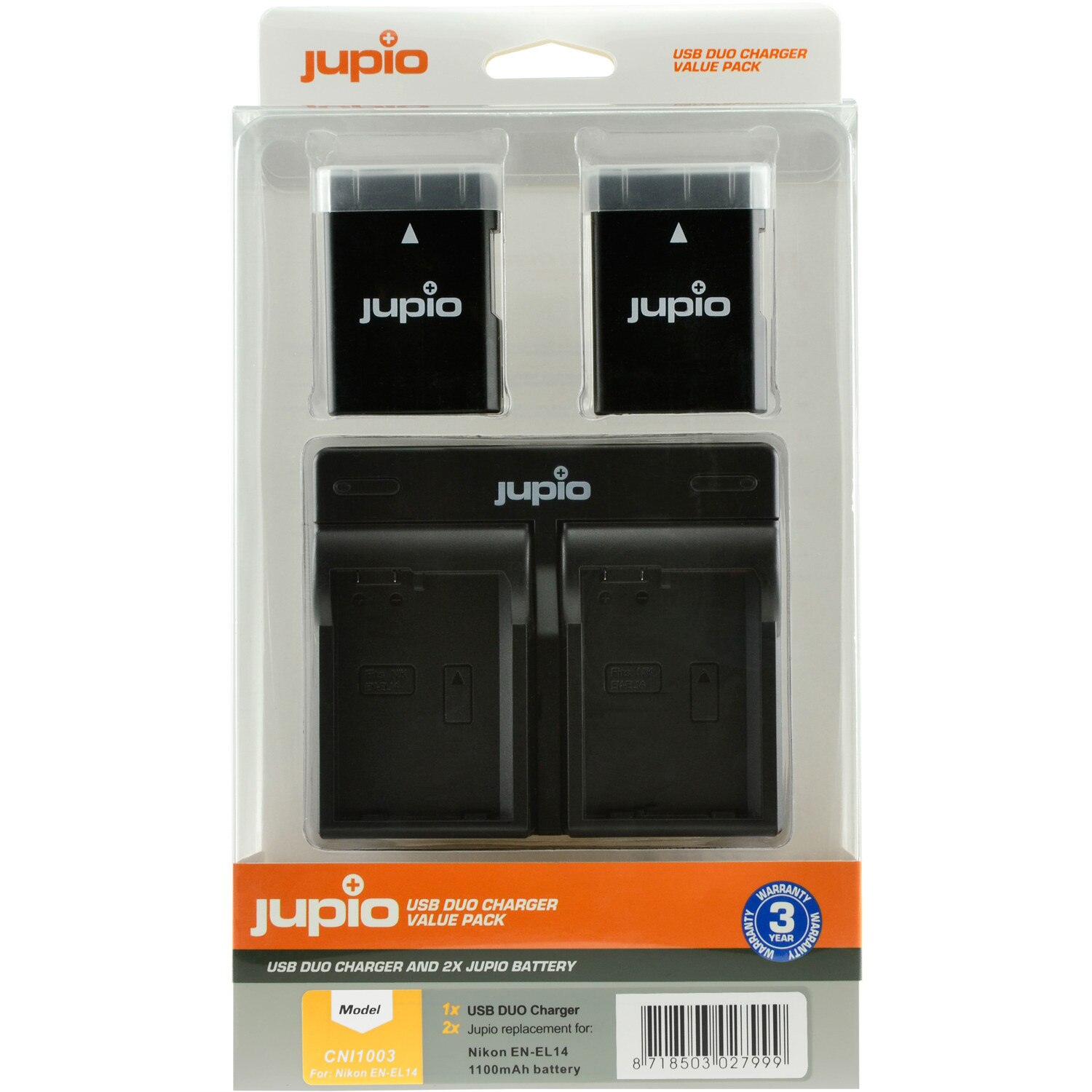 Kit Jupio, 2 Acumulatori EN-EL14, EN-EL14A, 1100 mAh, si Incarcator cu doua Baze si Port USB, Negru, pentru Coolpix P7000, Coolpix P7100 , Coolpix P7800 , Df body, D3100, D3200, D3300, D3400, D3500, D5100, D5200, D5300, D5500, D5600