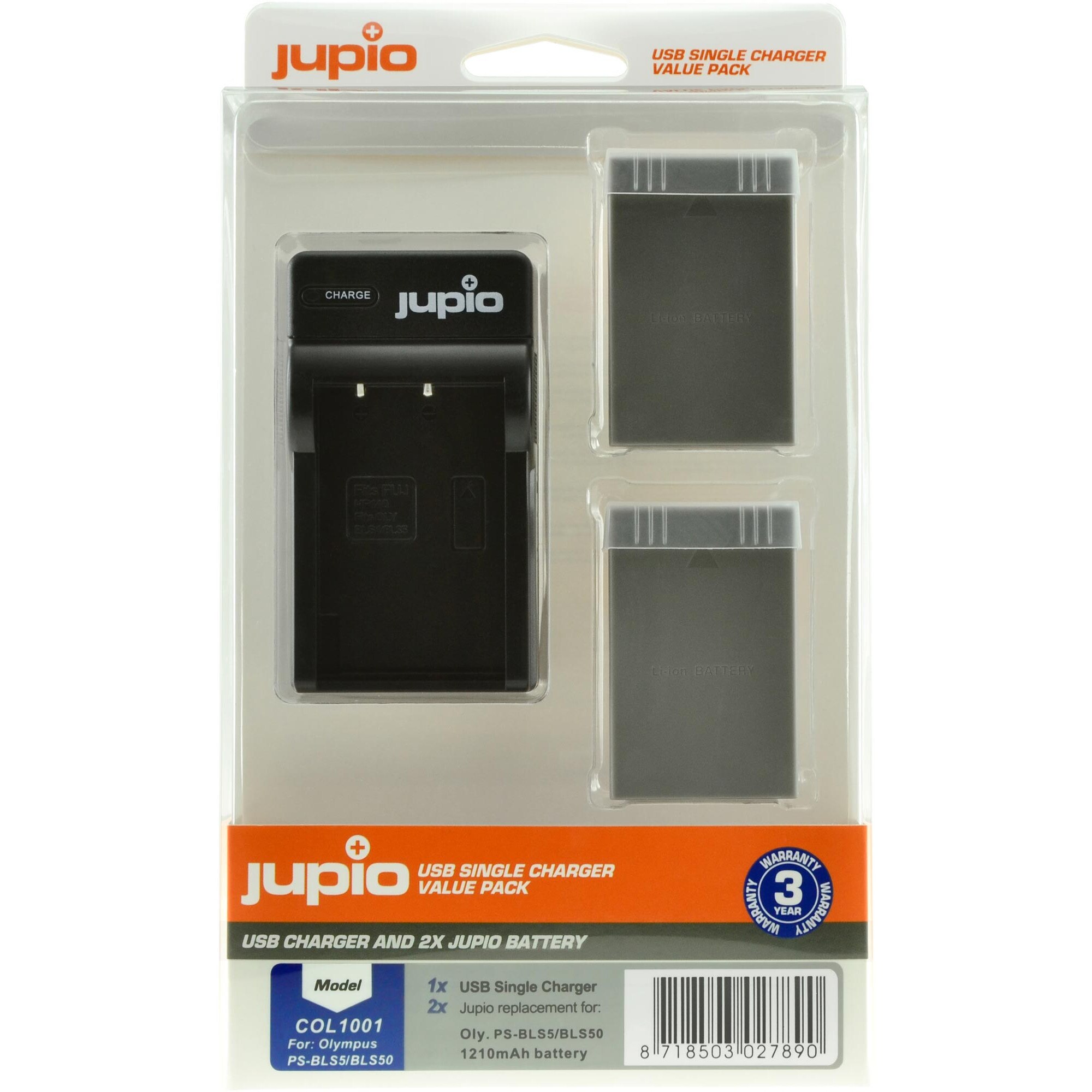 Kit Jupio, 2 Acumulatori PS-BLS5, PS-BLS50, 1210 mAh, si Incarcator cu o Baza si Port USB, Negru