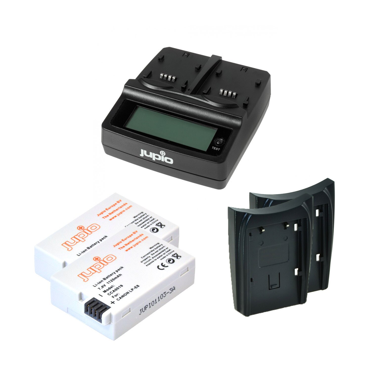 Kit Jupio, 2 Acumulatori LP-E8, 1120 mAh, si Incarcator cu doua Baze si Port USB, Negru