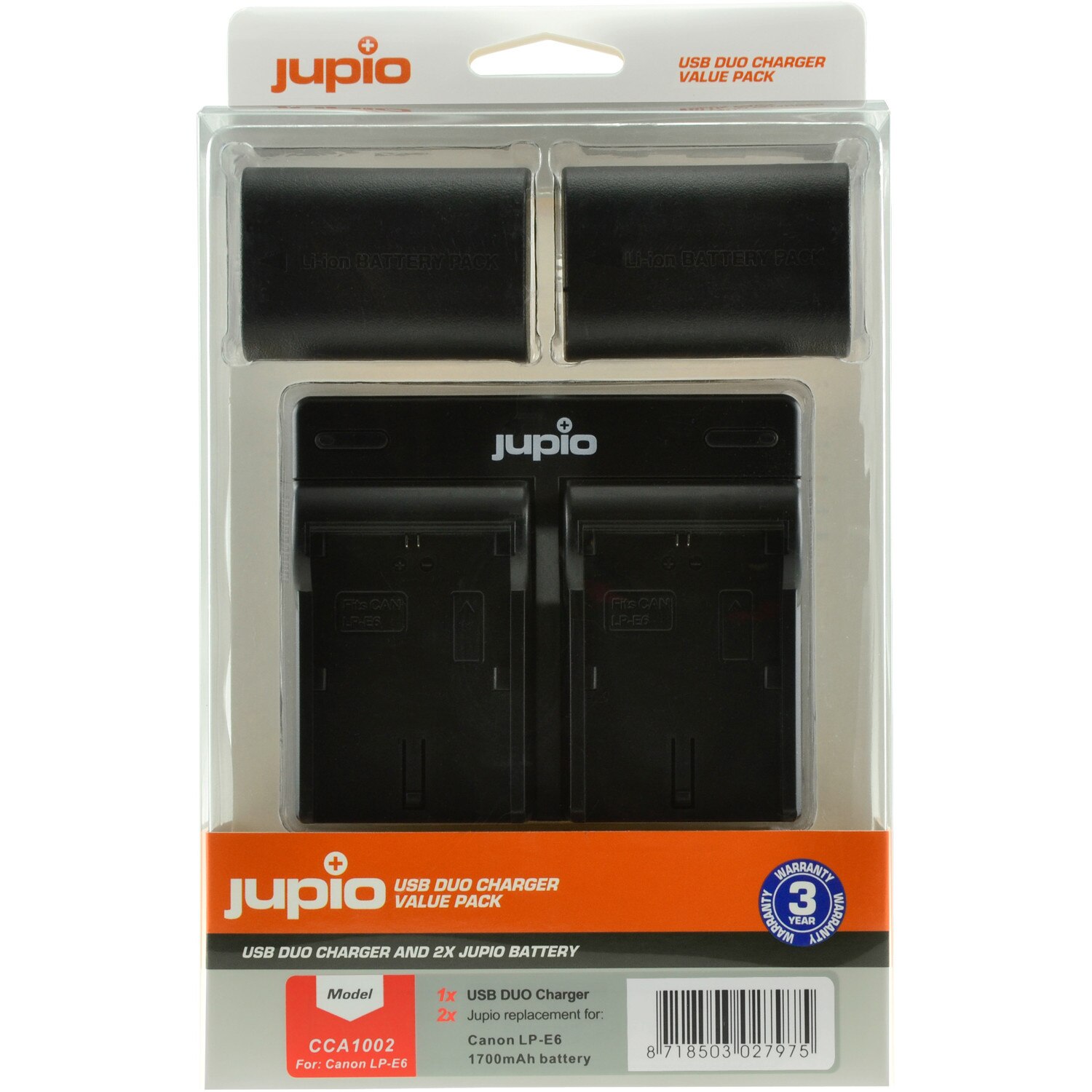 Kit Jupio, 2 Acumulatori LP-E6, 1700 mAh, si Incarcator cu doua Baze si Port USB, Negru, pentru EOS 5D MARK II, EOS 5D MARK III, EOS 5D MARK IV, EOS 6D, EOS 6D MAEK II, EOS 60D, EOS 7D, EOS 7D MARK II, EOS 70D, EOS 80D, EOS R