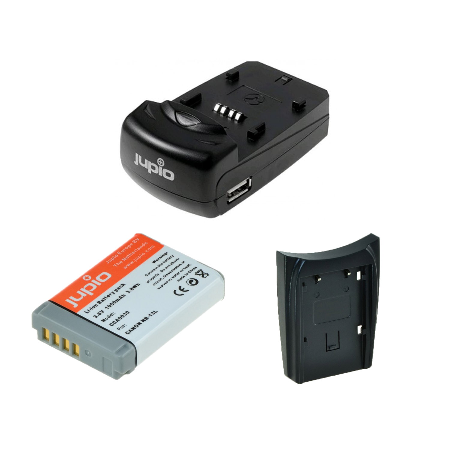 Kit Jupio, 2 Acumulatori NB-13L, si Incarcator cu o Baza si Port USB, Negru