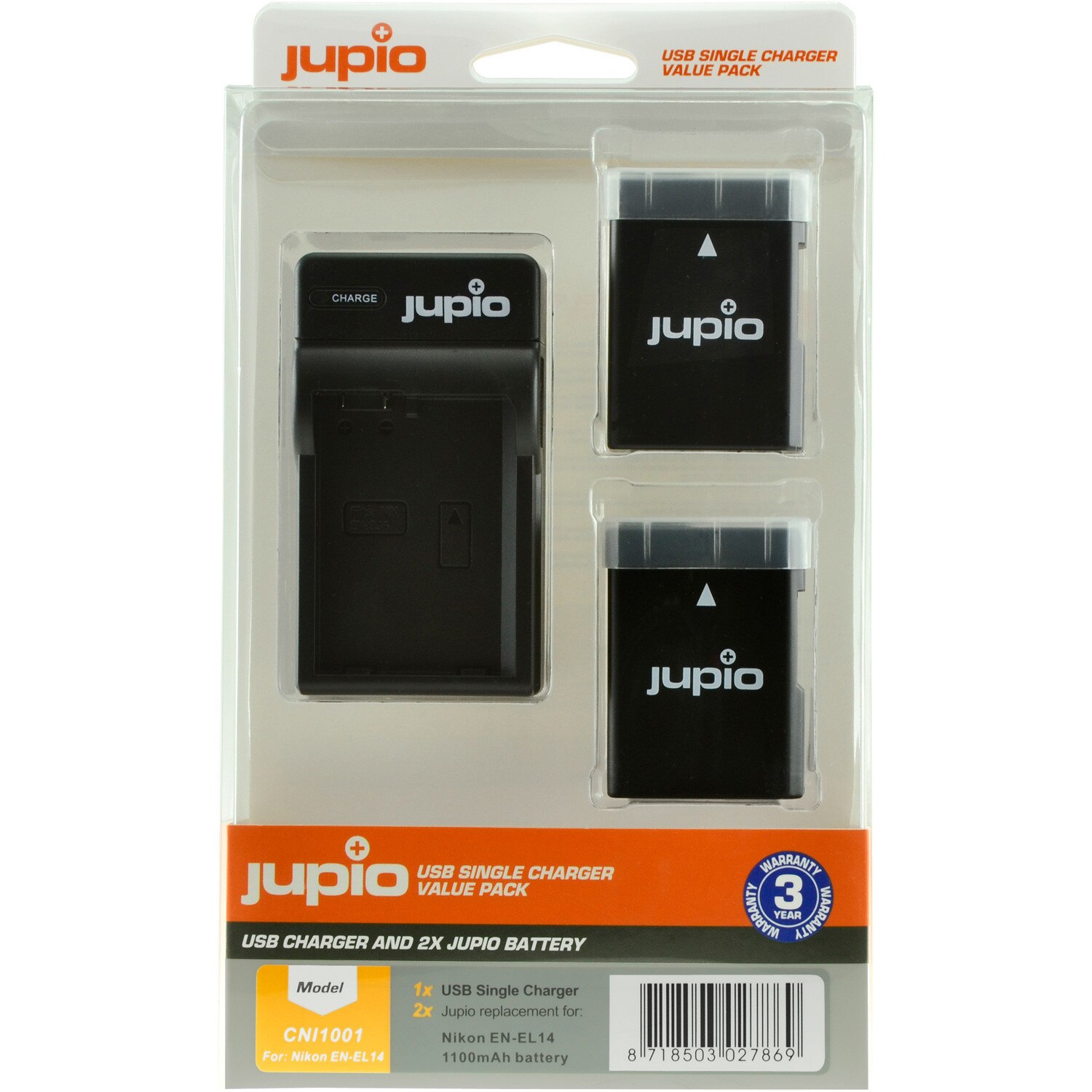 Kit Jupio, 2 Acumulatori EN-EL14, EN-EL14A, 1100 mAh, si Incarcator cu o Baza si Port USB, Negru, pentru Coolpix P7000, Coolpix P7100 , Coolpix P7800 , Df body, D3100, D3200, D3300, D3400, D3500, D5100, D5200, D5300, D5500, D5600
