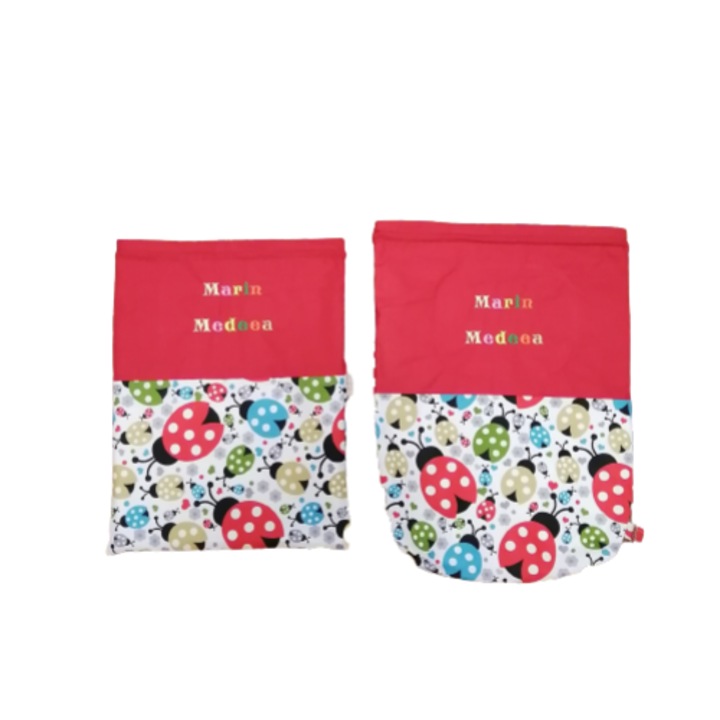 Set saculeti gradinita/cresa, bumbac, brodati, multicolor,30x40cm, 35x48cm