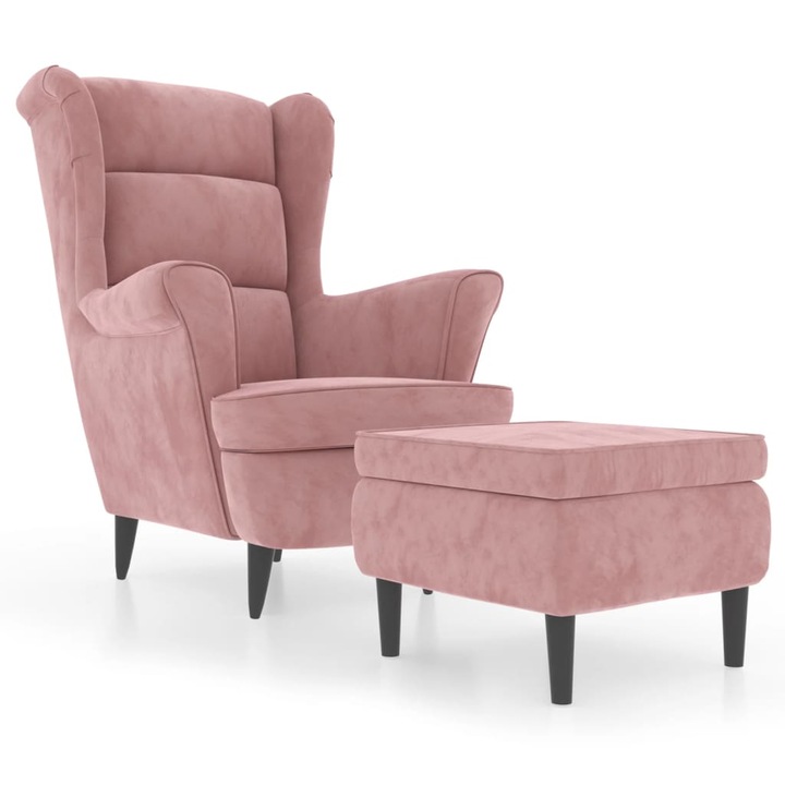 Фотьойл Wingback с табуретка vidaXL, розова, кадифе, 78 x 90 x 96,5 см