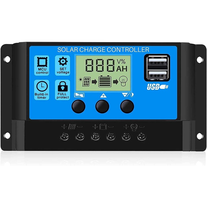 Соларен контролер за зареждане, 30A, 12V/24V, LCD дисплей, черен/син