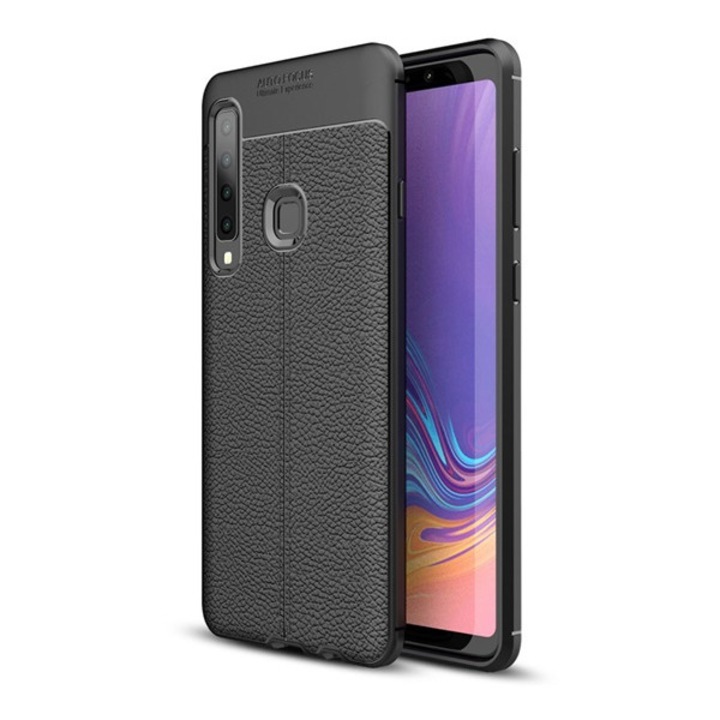 Mobiltelefon tok, kompatibilis, Samsung Galaxy A9 (2018) SM-A920 Gigapack szilikon telefonvédő (ütésállóság, bőr hatású, varrás minta) fekete, gigapack csomagolás