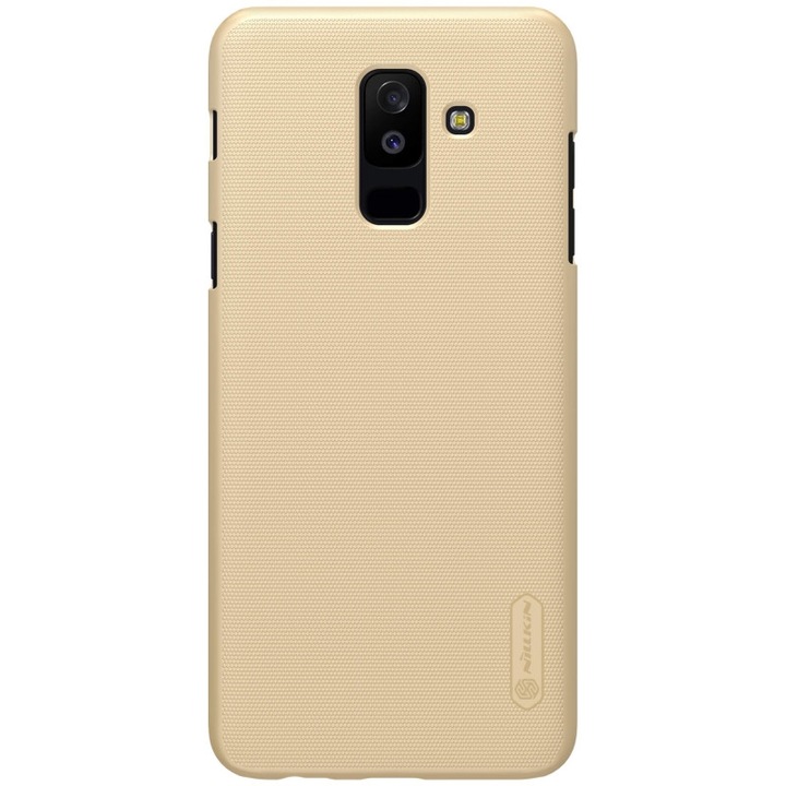 Mobiltelefon tok, kompatibilis, Samsung Galaxy A6+ (2018) SM-A605F Nillkin super frosted műanyag telefonvédő (gumírozott, érdes felület + képernyővédő fólia) arany, gyártói csomagolás