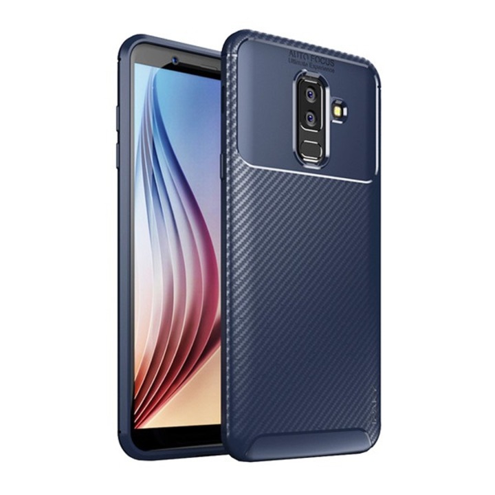 Mobiltelefon tok, kompatibilis, Samsung Galaxy A6+ (2018) SM-A605F Ipaky szilikon telefonvédő (karbon minta) sötétkék, gyártói csomagolás