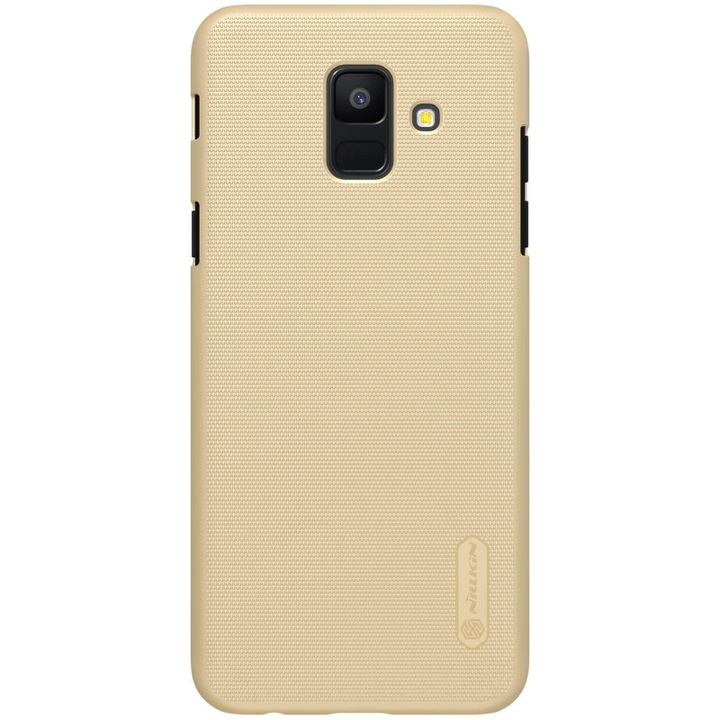 Mobiltelefon tok, kompatibilis, Samsung Galaxy A6 (2018) SM-A600F Nillkin super frosted műanyag telefonvédő (gumírozott, érdes felület + képernyővédő fólia) arany, gyártói csomagolás