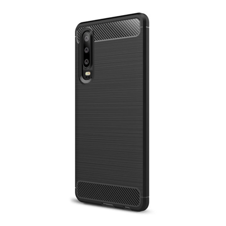 Mobiltelefon tok, kompatibilis, Huawei P30 Gigapack szilikon telefonvédő (ütésállóság, légpárnás sarok, szálcsiszolt, karbon minta) fekete, gigapack csomagolás