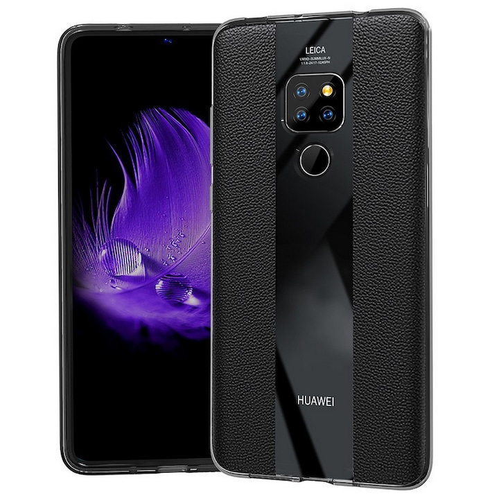 Huawei Mate 20 Gigapack szilikon telefonvédő (valódi bőr bevonat, csíkos) fekete, gigapack csomagolás