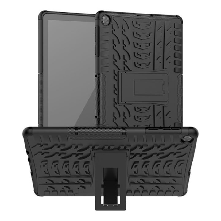 Huawei MatePad T10 WIFI (AGR-W09) / MatePad T10 LTE (AGR-L09) / MatePad T10s LTE (AGS3-L09) Gigapack defender műanyag telefonvédő (közepesen ütésálló, szilikon belső, kitámasztó, autógumi minta) fekete, gigapack csomagolás