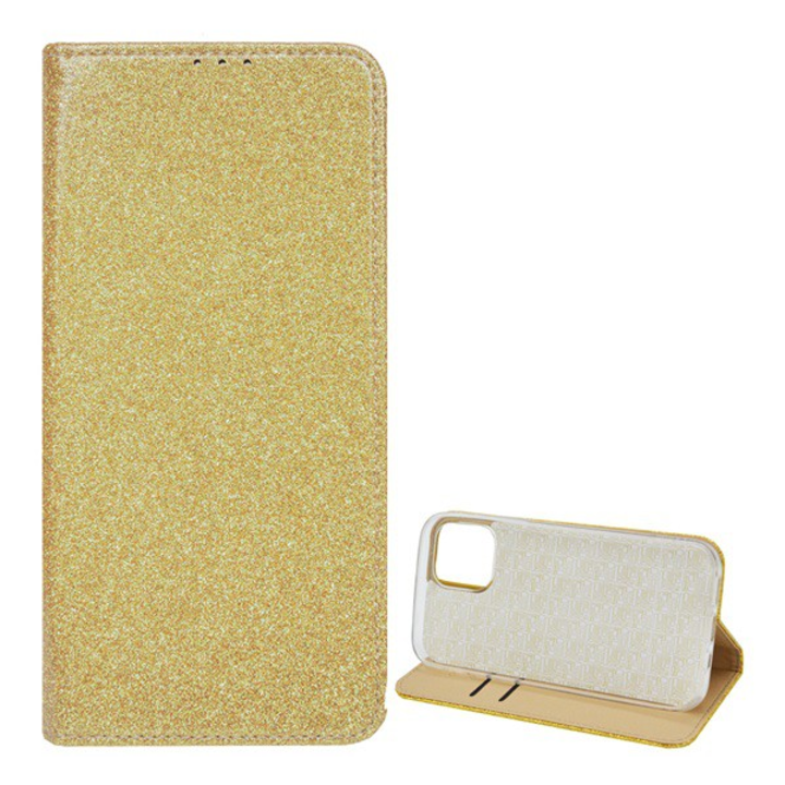 Tok álló, bőr hatású (FLIP, szilikon belső, oldalra nyíló, asztali tartó funkció, bankkártya tartó, csillogó) ARANY [Apple iPhone 12 Pro Max] (5996591002859)