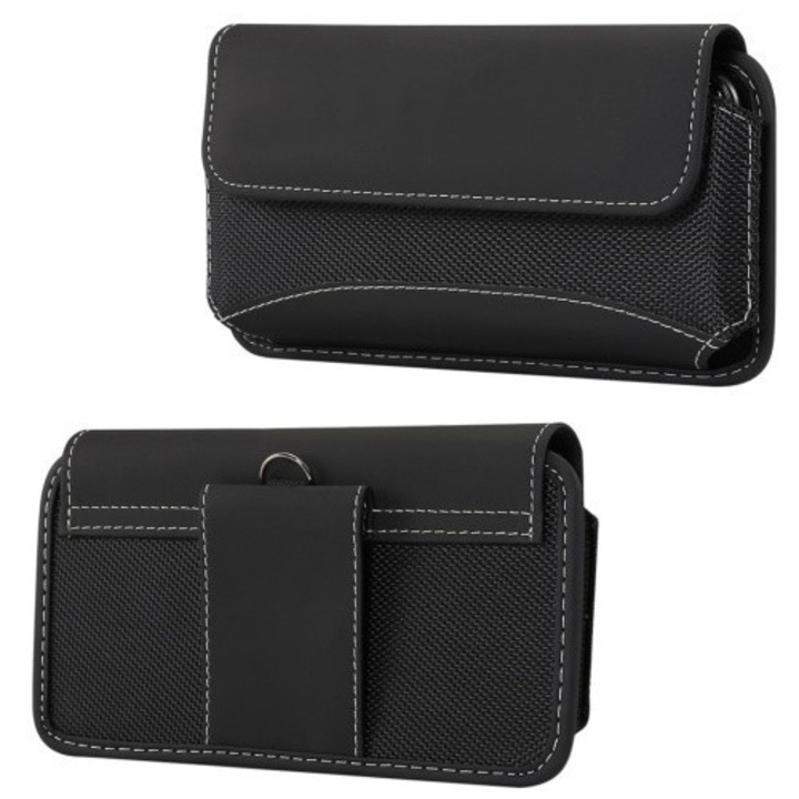 Carcasa orizontala, efect piele (universala, clema pentru curea, Velcro, material textil, acoperire cu efect de piele, dimensiune 6,4 - 6,9") NEGRU [Samsung Galaxy M53 (SM-M536)] (5996457866663)