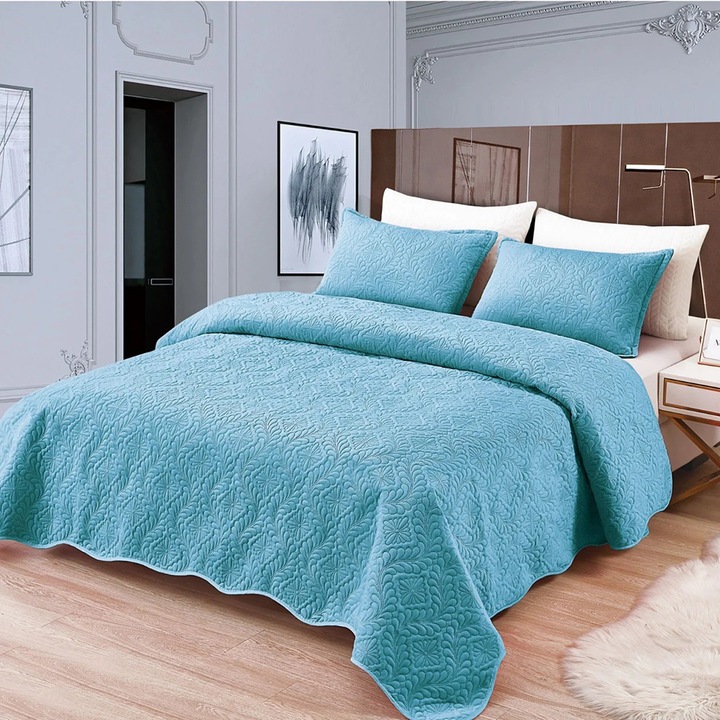 Кадифен комплект двойна покривка за легло, 2 калъфки за възглавница, 220x240 см, син