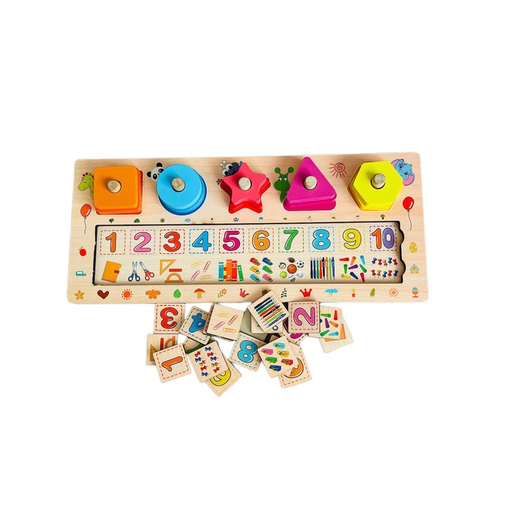 Set joc educativ din lemn cu forme geometrice, cifre, ustensile, 30 de piese