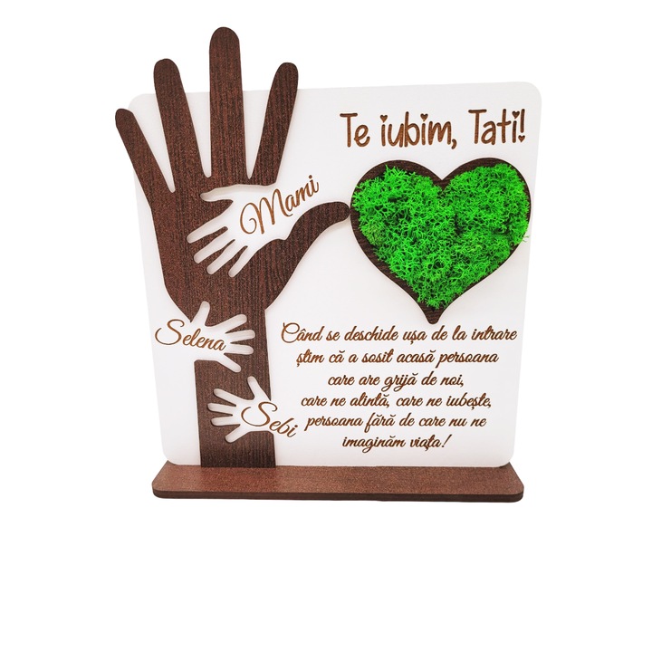 Tablou personalizat cadou pentru sot/tata - "Te iubim, tati!", decorat cu licheni stabilizati, 20x20 cm, Lemn, Rica Dreamart, Model 2