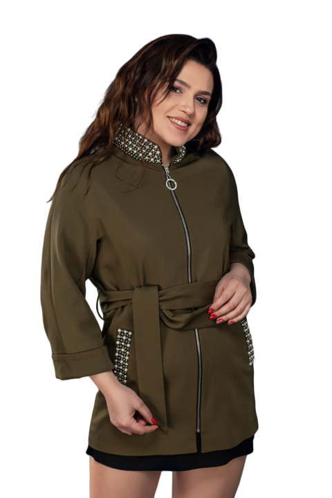 Trench coat cu manseta care poate fi intoarsa si maneca larga, guler tip tunica, inchidere cu fermoar si cordon in talie, Verde