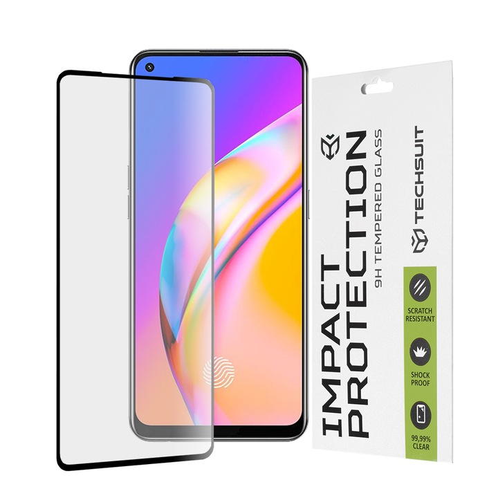 Folie за Oppo A74 4G/A94/A95/Find X5 Lite/Reno5 Lite/Reno5 Z/Reno7 5G/Realme 9 4G/9 Pro Plus, Techsuit 111D пълно покритие, пълно залепено стъкло, черно