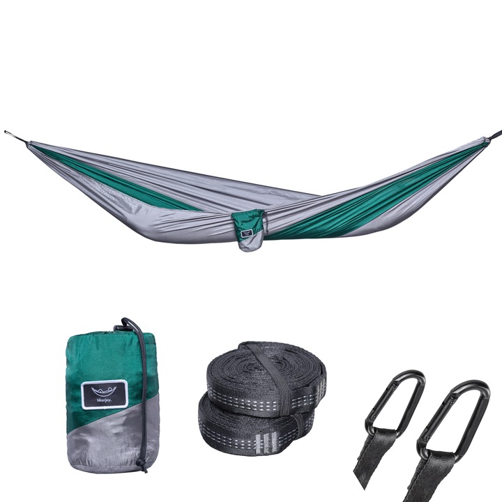 Hamac hikerjoy, din material tip parasuta, ultra usor, ultra portabil, excelent pentru camping, outdoor, backpacking, 270x140 cm, doua curele de prindere si carabine incluse, verde cu gri