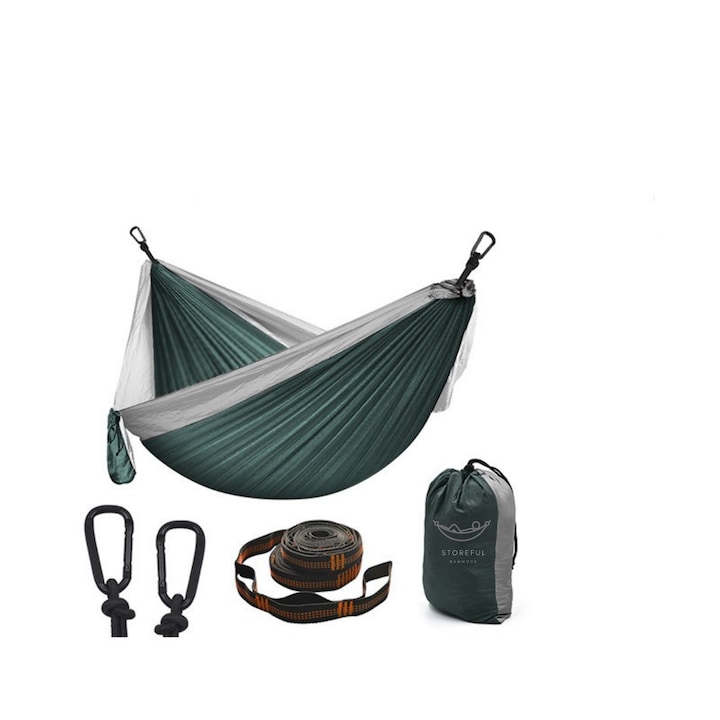 Hamac hikerjoy, din material tip parasuta, ultra usor, ultra portabil, excelent pentru camping, outdoor, backpacking, 270x140 cm, doua curele de prindere si carabine incluse, verde cu gri