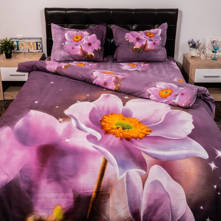 Ágyneműhuzat garnitúra, digital print 3D, purple flower, kétszemélyes