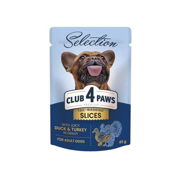 Hrana umeda completa Club 4 Paws Premium Plus Selection pentru caini adulti de talie mica -Bucati de rata si curcan in sos,12x85g