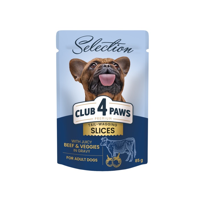 Hrana umeda completa Club 4 Paws Premium Plus Selection pentru caini adulti de talie mica -Bucati de vita si legume in sos,12x85g