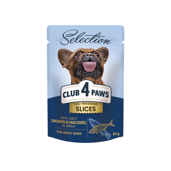 Hrana umeda completa Club 4 Paws Premium Plus Selection pentru caini adulti de talie mica -Bucati de somon si macrou in sos,12x85g