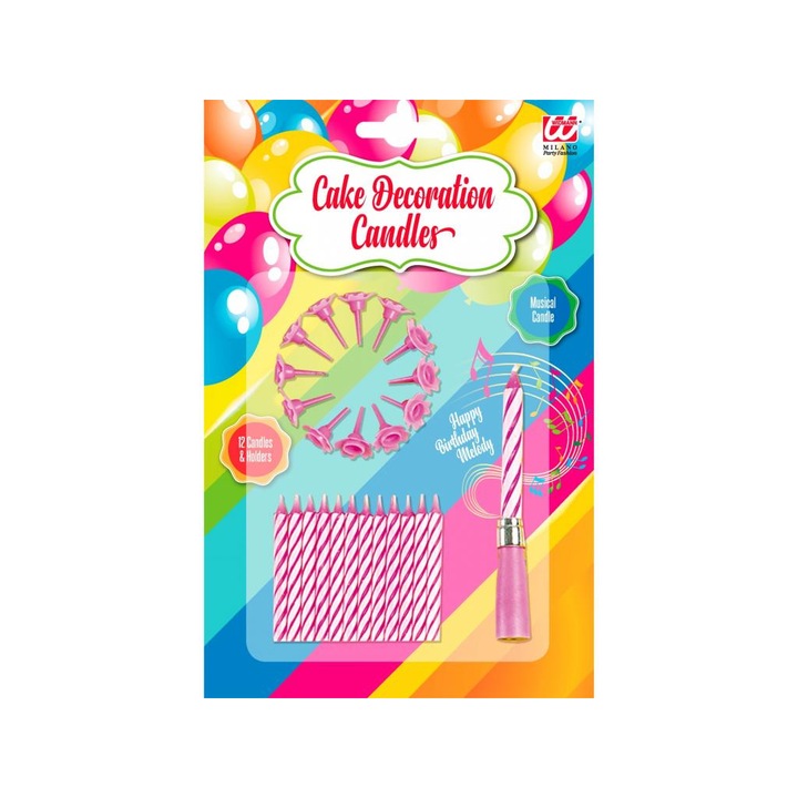 widmann 8082124 12 darabos tortagyertya tartóval + 1 db zenélő gyertya - rózsaszín színű