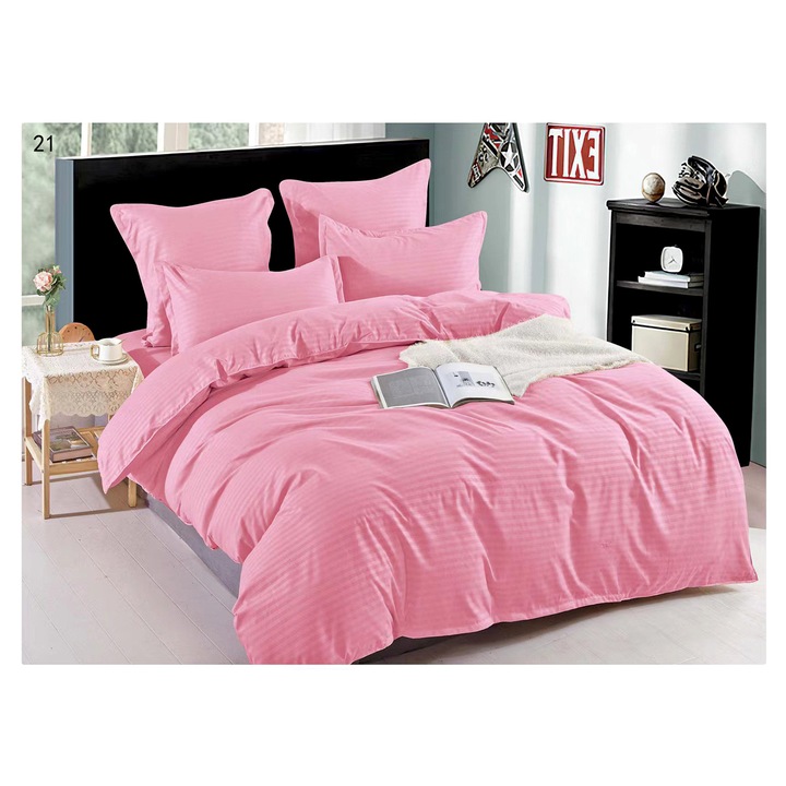 Спално бельо за 2 човека, памук Дамаск, 6 части, гладко, розово, 220x240 см, SSD21