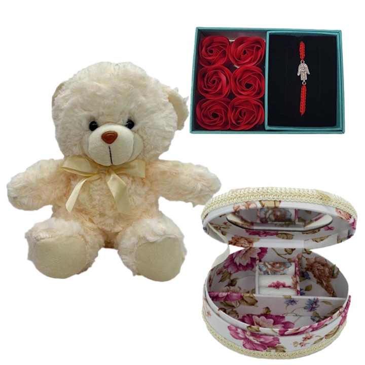 Childes köteg, mackó, ékszerdoboz és szappanrózsa doboz és karkötő, Velve