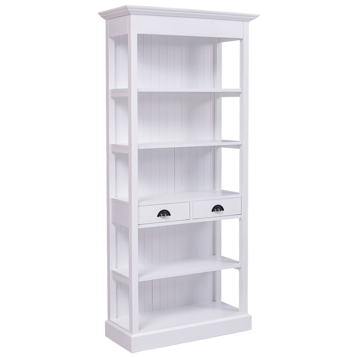 Raft cu 2 sertare, 3 polite, vopsit, culoare alb antichizat, 100% lemn masiv, 91x197x39 cm